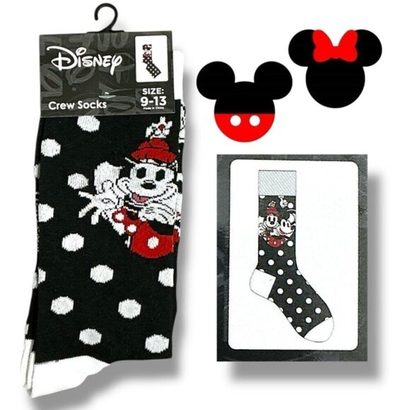 Disney Other - Disney Minnie Mickey Mouse Crew Socks Polka Dot Black White Crew Unisex Mens OS